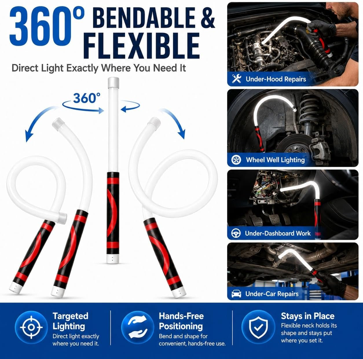 Flexible LED Flashlight Stick, 30" Bendable Mechanic Work Light, 1200LM | Rechargeable Inspection Light with 3 Modes, USB-C Charging, IPX6 Waterproof for Car Repair, under Hood and Tight Spaces