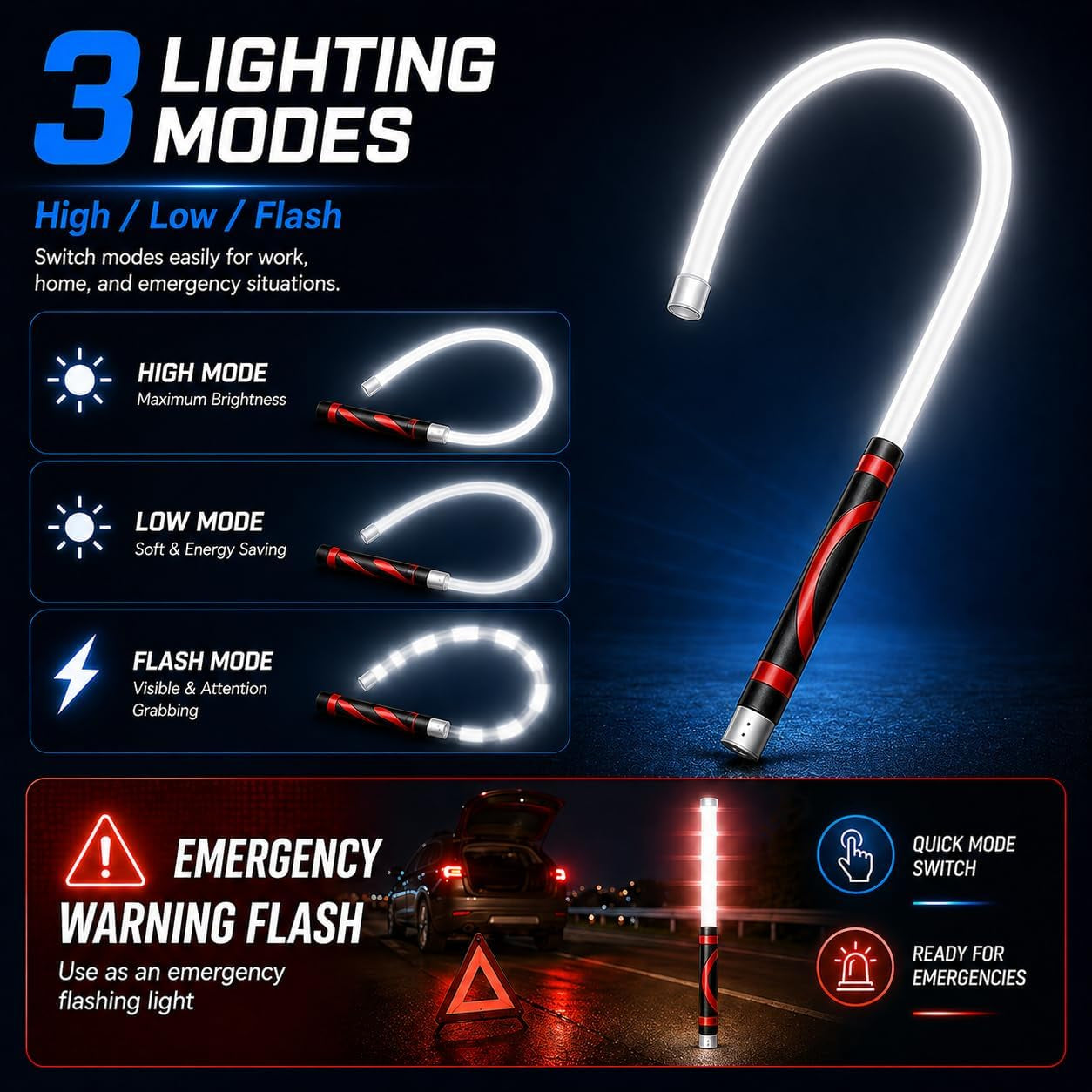 Flexible LED Flashlight Stick, 30" Bendable Mechanic Work Light, 1200LM | Rechargeable Inspection Light with 3 Modes, USB-C Charging, IPX6 Waterproof for Car Repair, under Hood and Tight Spaces